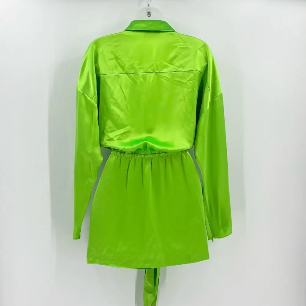 RETROFETE Knot-Detail Cut-Out Shirtdress Lime Green Deep V-Neck Tie Front Sm NEW - Picture 10 of 16